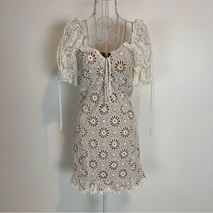 For Love & Lemons White Eyelet Dress Puff Sleeve Daisy Bridal ruffled SZ S